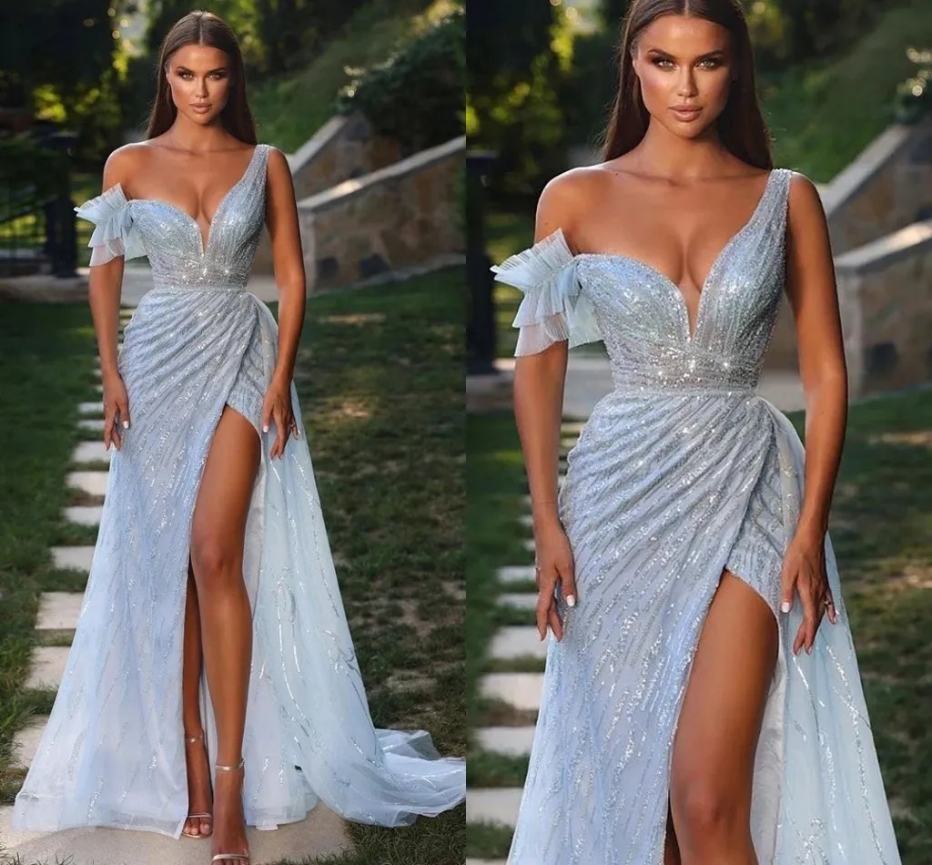 Evening Sexy Pageant Dress Blue One Shoulder Mermaid Open Split Beads Sequins Woman Prom Formal Gowns Arabic Dubai Vestidos Gala Robe De Soiree