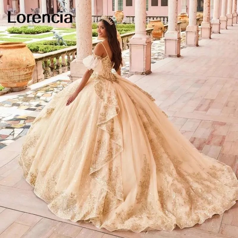 Vintage Glitter Champagne Quinceanera Dress Fairy 3D Floral Lace Applique Cathedral Train Dress Customised Ball Gown Vestido De Novia
