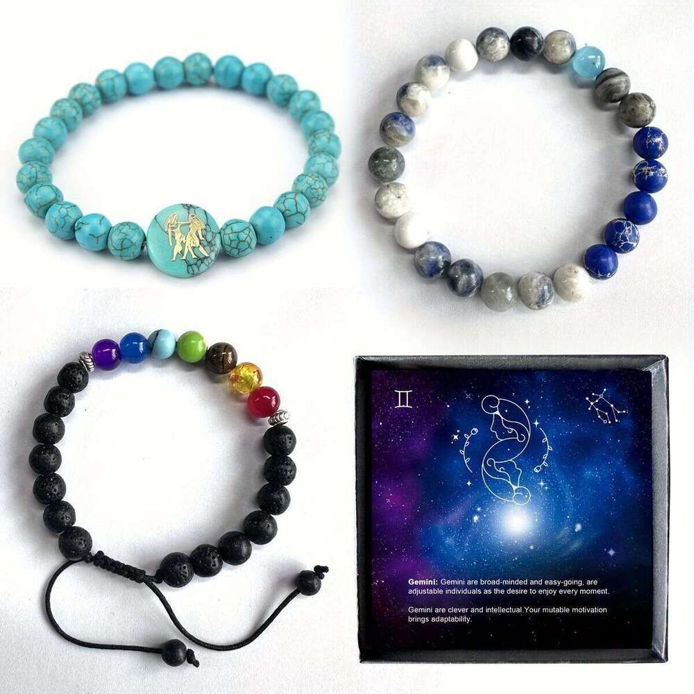 Natural Blue Turquoise Creative 12 Constellation Personality Fashion Round Bead Bracelet Jewelry