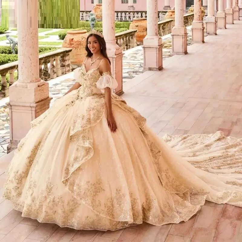 Vintage Glitter Champagne Quinceanera Dress Fairy 3D Floral Lace Applique Cathedral Train Dress Customised Ball Gown Vestido De Novia