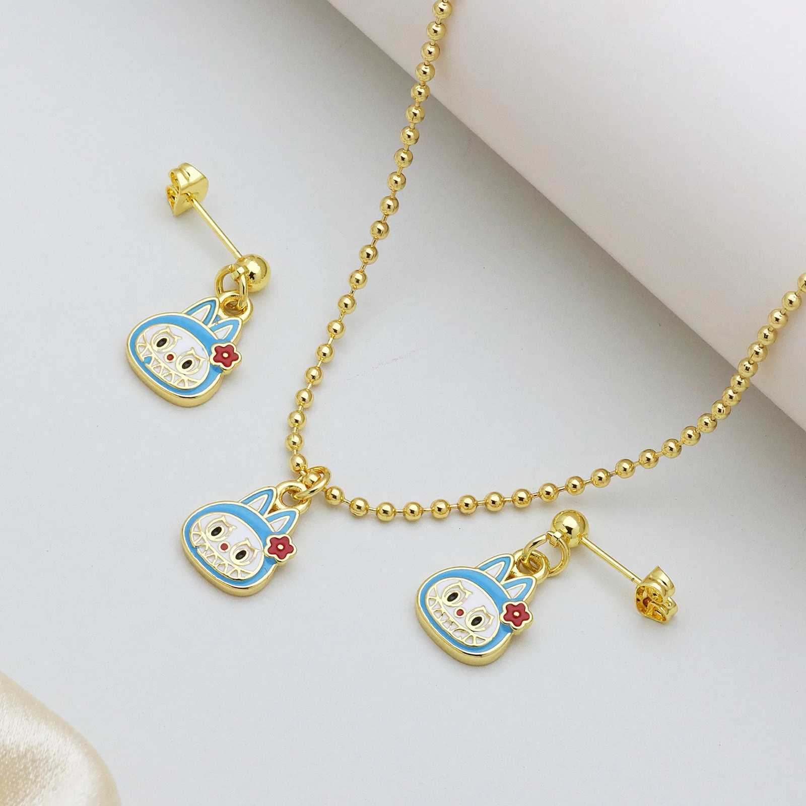 New Trend Cartoon Necklace Earrings Set Round Bead Chain Anime Brass Drip Oil Cute Ear Hanging Earrings Jewelry Set for Women Y250730