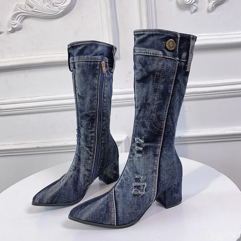 Women Chunky Denim Mid-Calf Boots Block High Heels Boots Winter Fashion Cowboy Western Boots thick heels shoes 250729