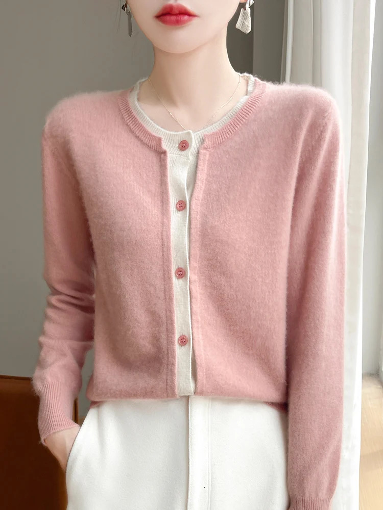 Women Wool Sweater Oneck Long Sleeve Cardigan Autumn Winter 100% Merino Knitwear Cashmere Coat Korean Clothing 250730