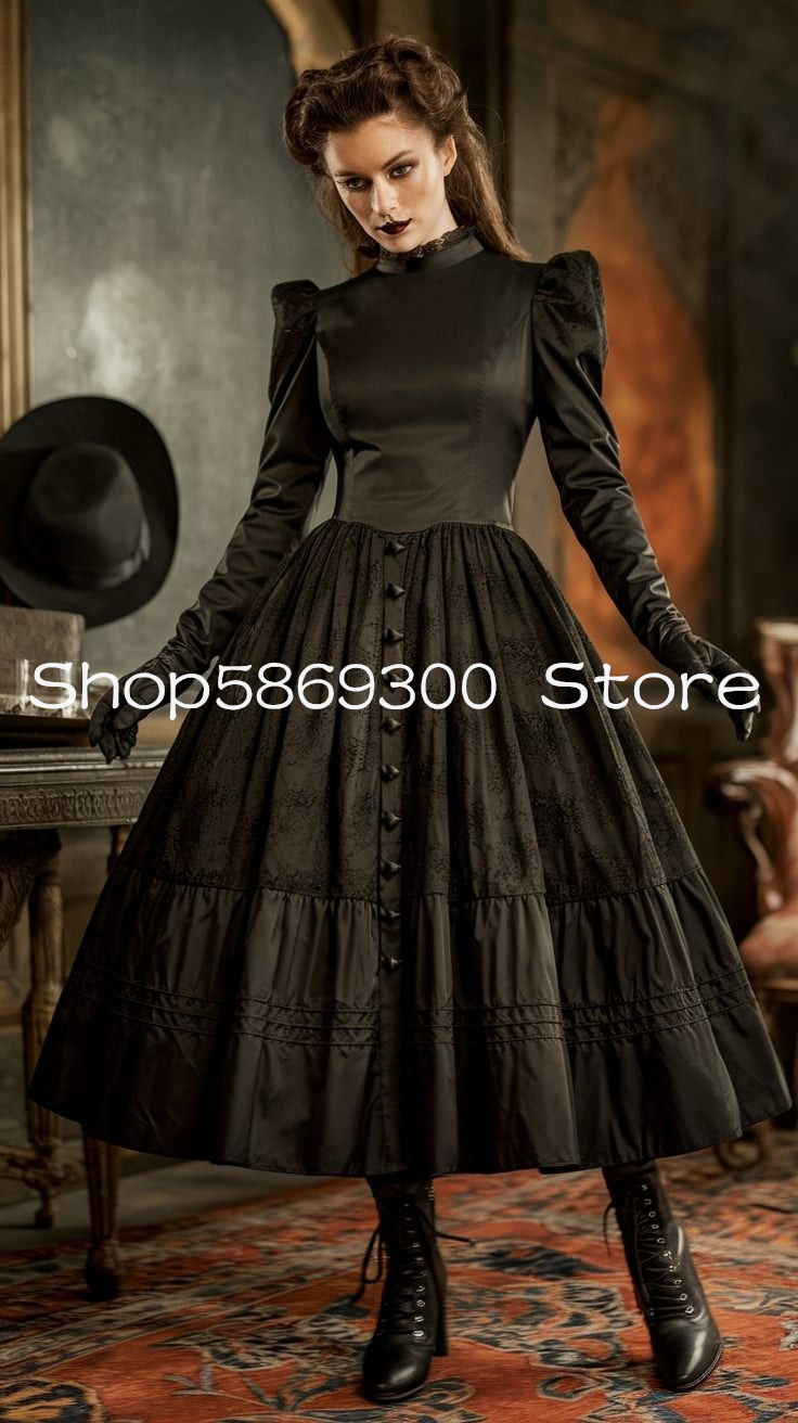 Vintage Black Gothic Prom Dresses High Neck Long Sleeve Steampunk Corset Lace-up Victorian Halloween Evening Gown Customsized