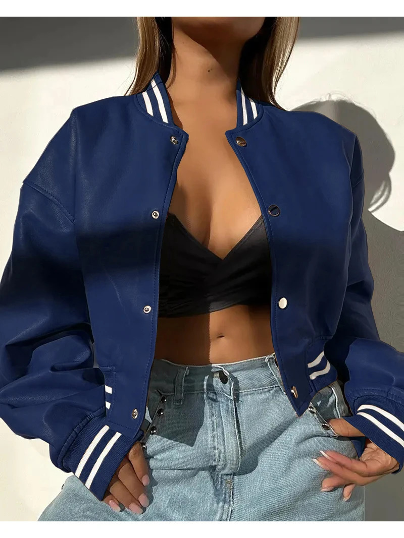 Autumn Women Striped Baseball Single Breasted Jackets Fall Winter Long Sleeve Coats 2YK Motorcycle Girls PU Leather Outerwear 250730