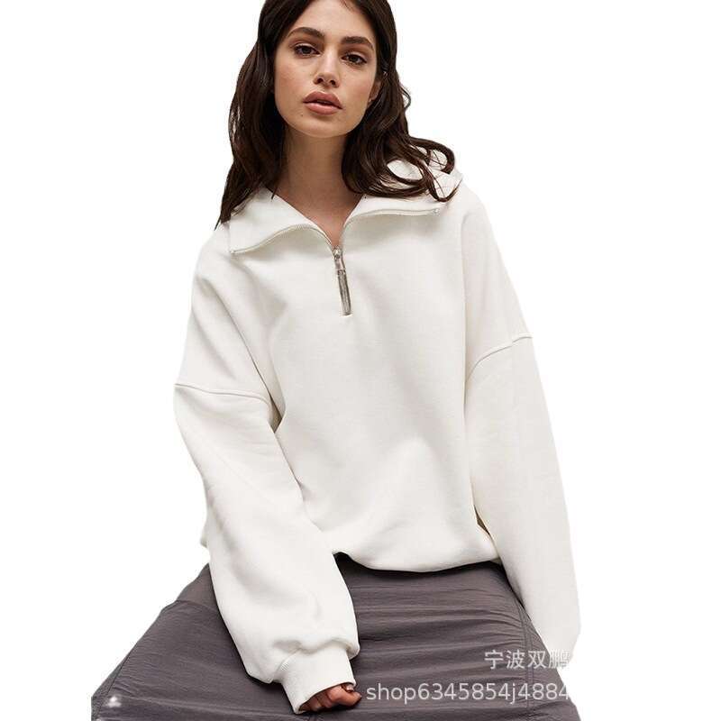 Autumn Winter New Fleece Lined Half-Zip Turn-Down Collar Sweatshirt 30% Cotton Casual Sports Style Top For Women B5