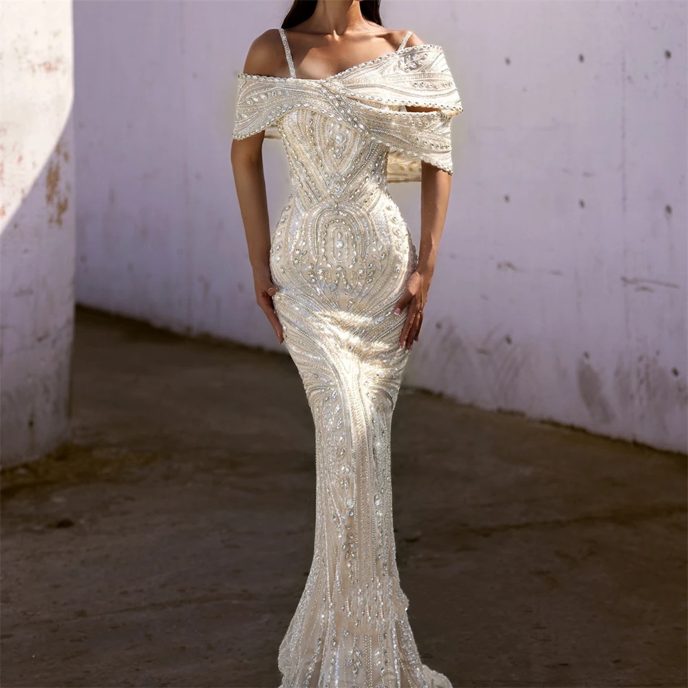 Designer Mermaid Wedding Dress Off Shoulder Sleeveless Bridal Gowns Crystal Sequins Floor Length Dresses Custom Made vestidos de novia
