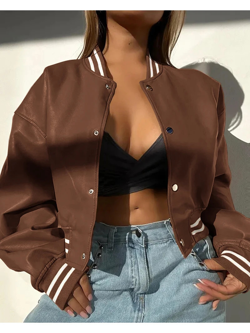 Autumn Women Striped Baseball Single Breasted Jackets Fall Winter Long Sleeve Coats 2YK Motorcycle Girls PU Leather Outerwear 250730
