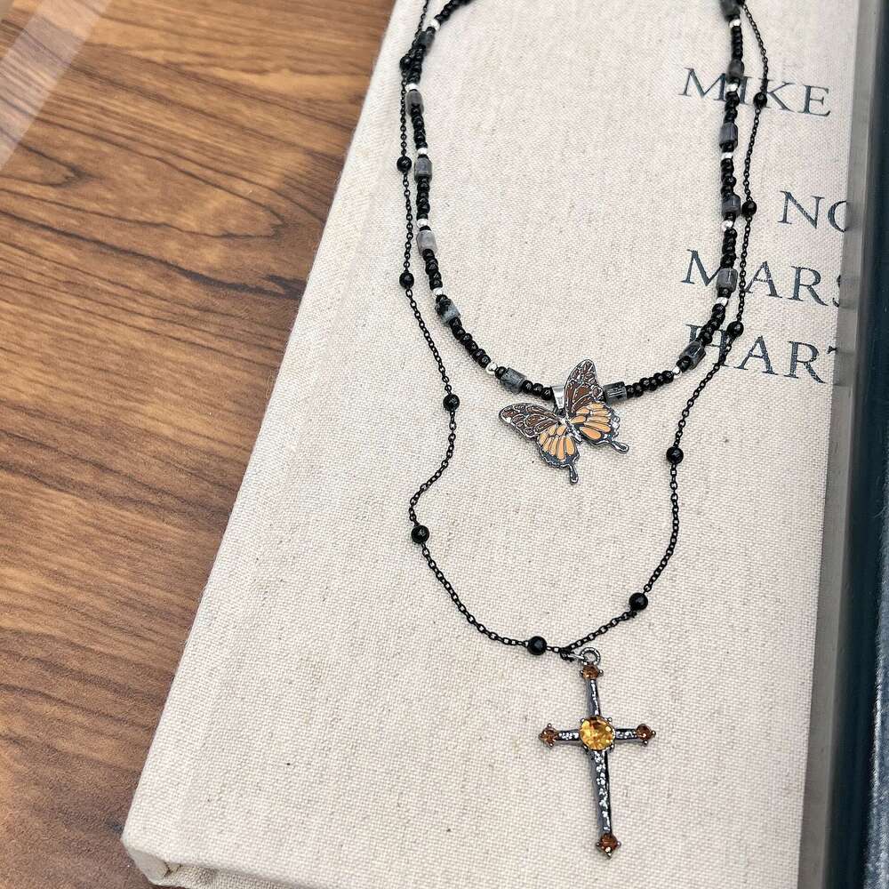 Chinese Style Beaded Butterfly 2024 New Niche Design High-end Cross Necklace for Women 3f3