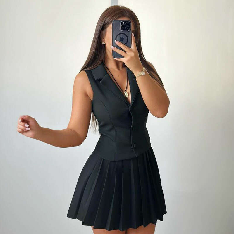 Spring Summer New Women's Sleeveless Blazer Vest Pleated Short Half Skirt Commuter Two-Piece Set B5