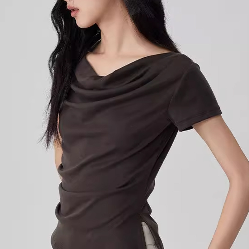 2025 summer new swing collar design short sleeved shirt with waist and slit, women's exquisite top new designer T-shirt