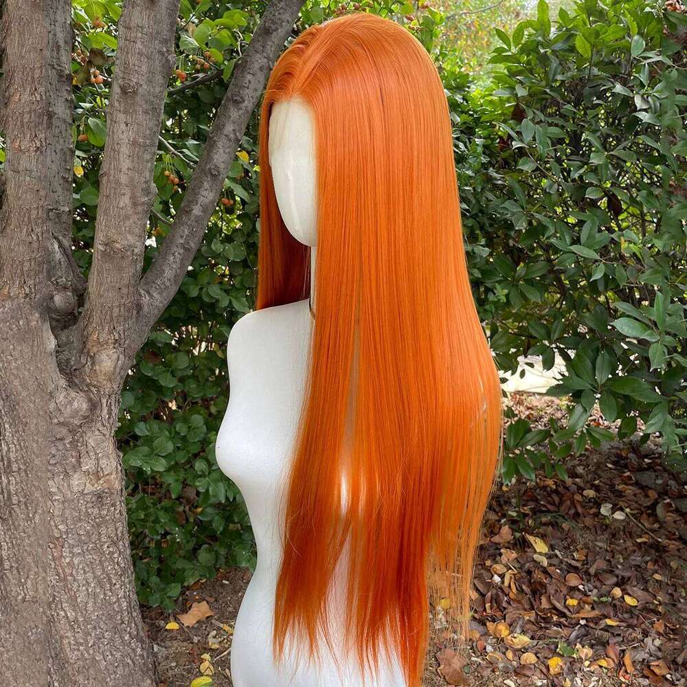 Light Orange Long Straight 13X4 Synthetic Lace Front For Women 26 Inch Glueless Wig Half Hand Tied 150% Density Medium Cap