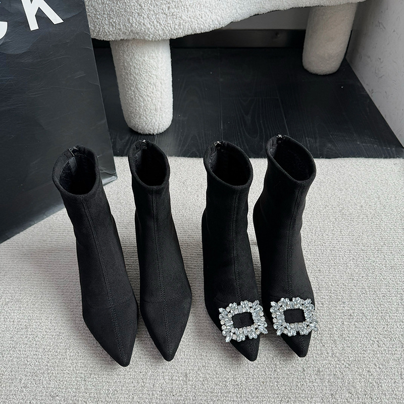 Thin Pointy Black Short Female Thin Autumn-Winter New Style Rhinoceles Square Buckle All Build High Heel Stretch Boots 2025