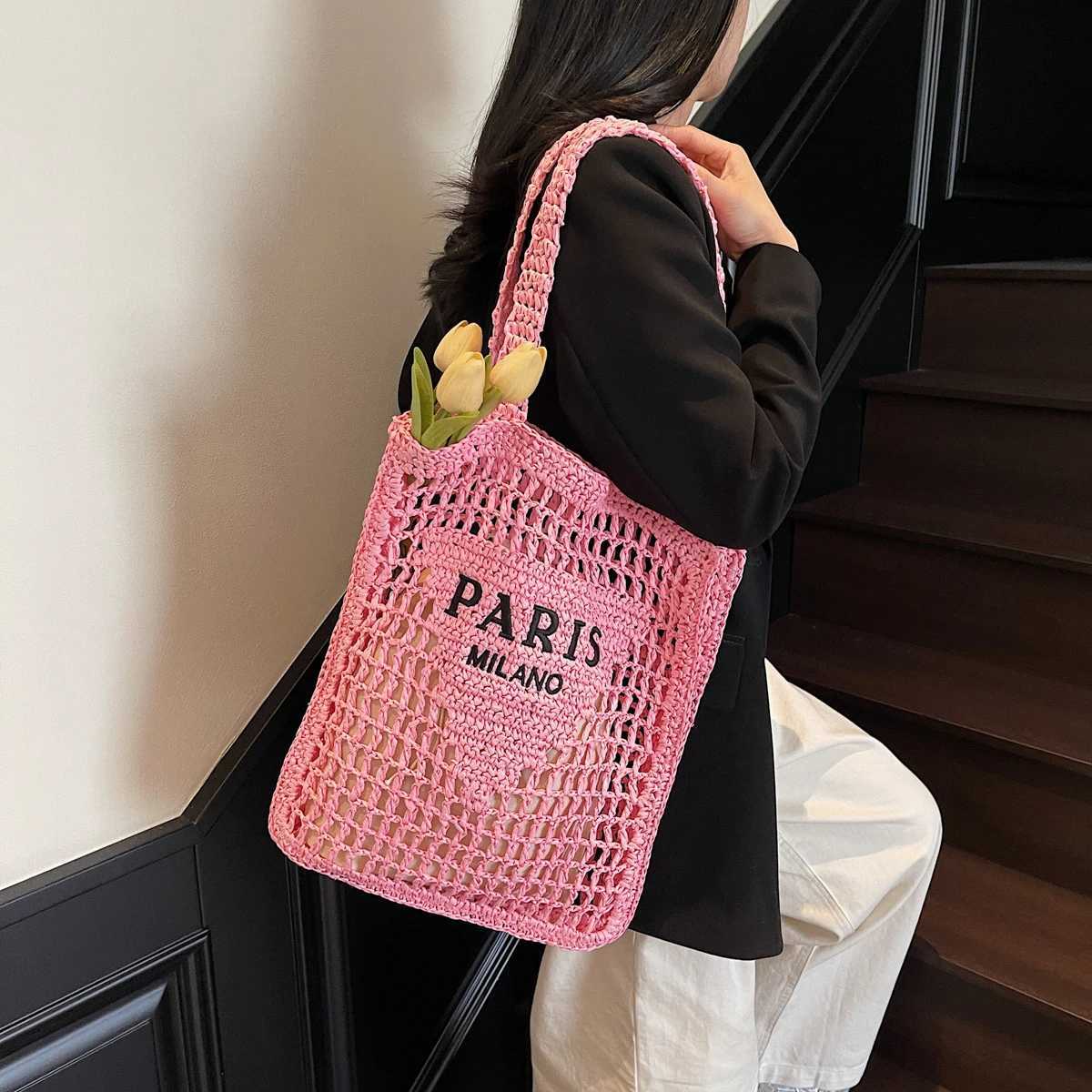 Womens Woven Straw Shoulder Bag - Breathable Openwork Design Lightweight Drawstring Summer Beach Tote for Vacation Daily Use G250729