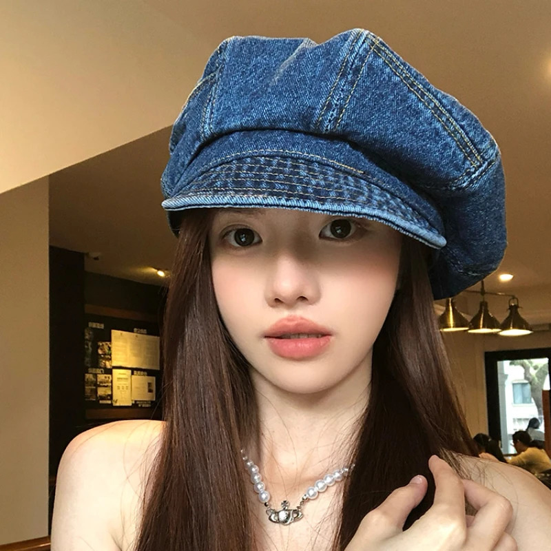 Japanese Retro Denim Cloud Berets Cap for Women Spring and Summer Casual Versatile Simple Literary Style Octagonal sboy Hat 250729