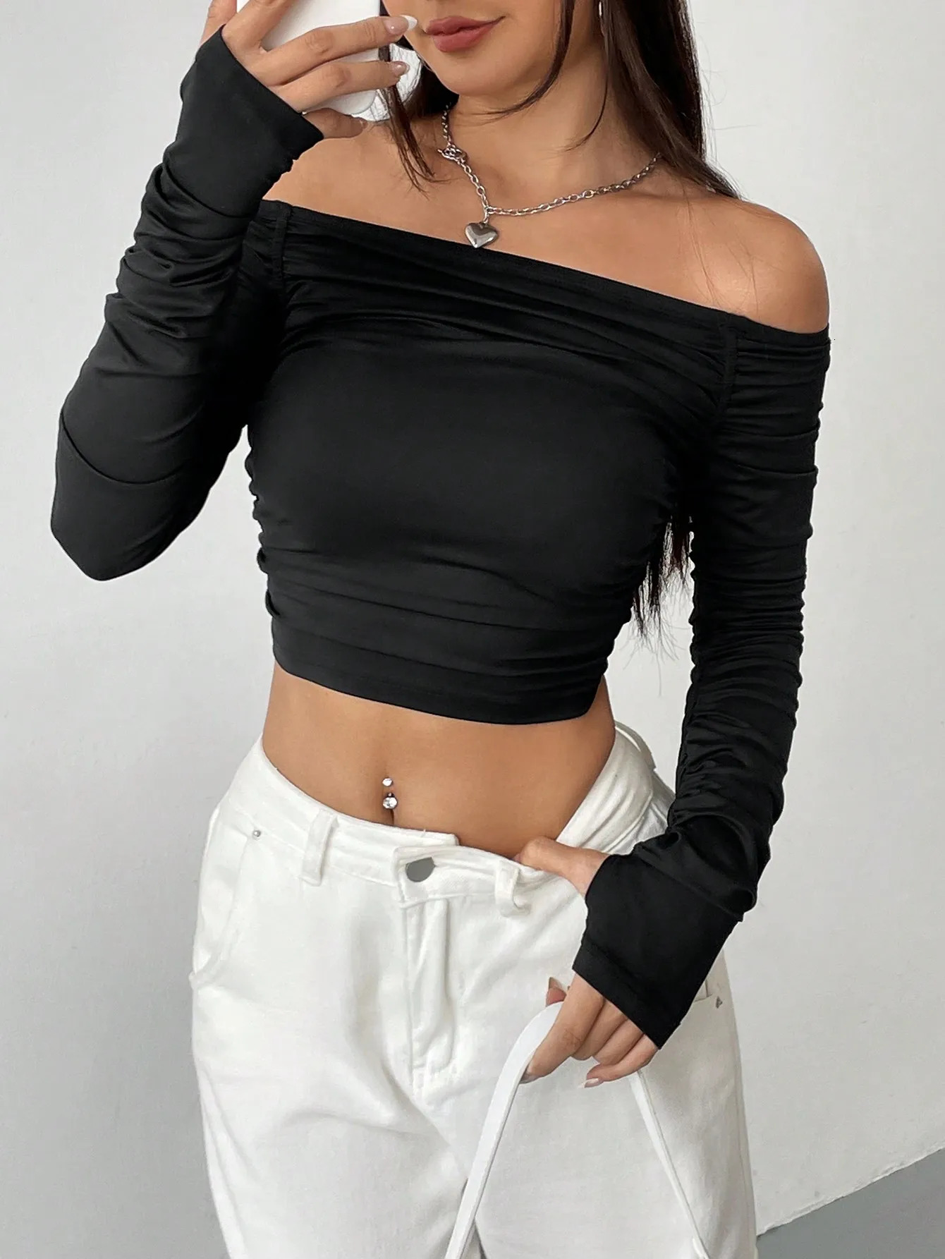 line shoulder mesh long sleeve Tshirt for women with slimfit tie sexy explosion street wear short top 250729
