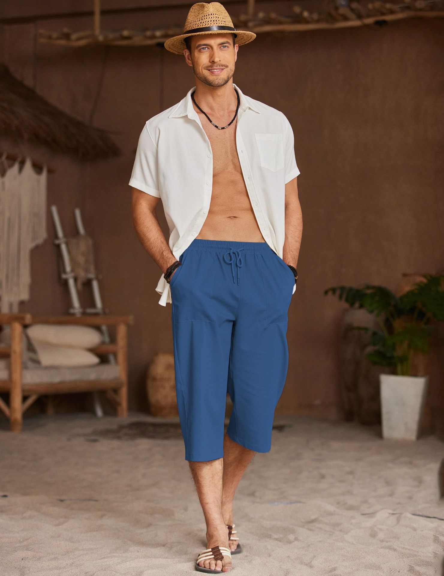 Men's sports mid-waist drawstring solid color beach cropped pants lightweight casual pants