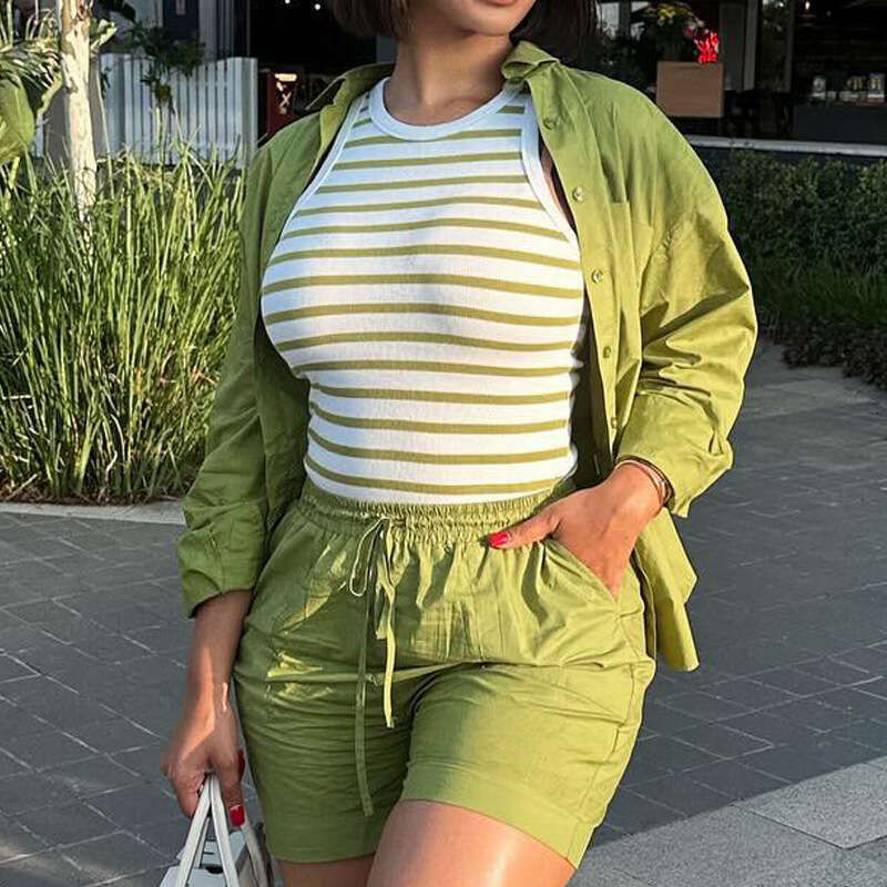 Women's Fashion Spring Summer Casual Long Sleeve Shirt And Shorts Two-Piece Set For Women B5