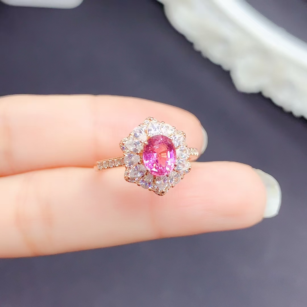 6mm*5mm Natural pink Tourmaline Ring for Engagement real 925 Silver Tourmaline with thick 18K gold plating keep shining