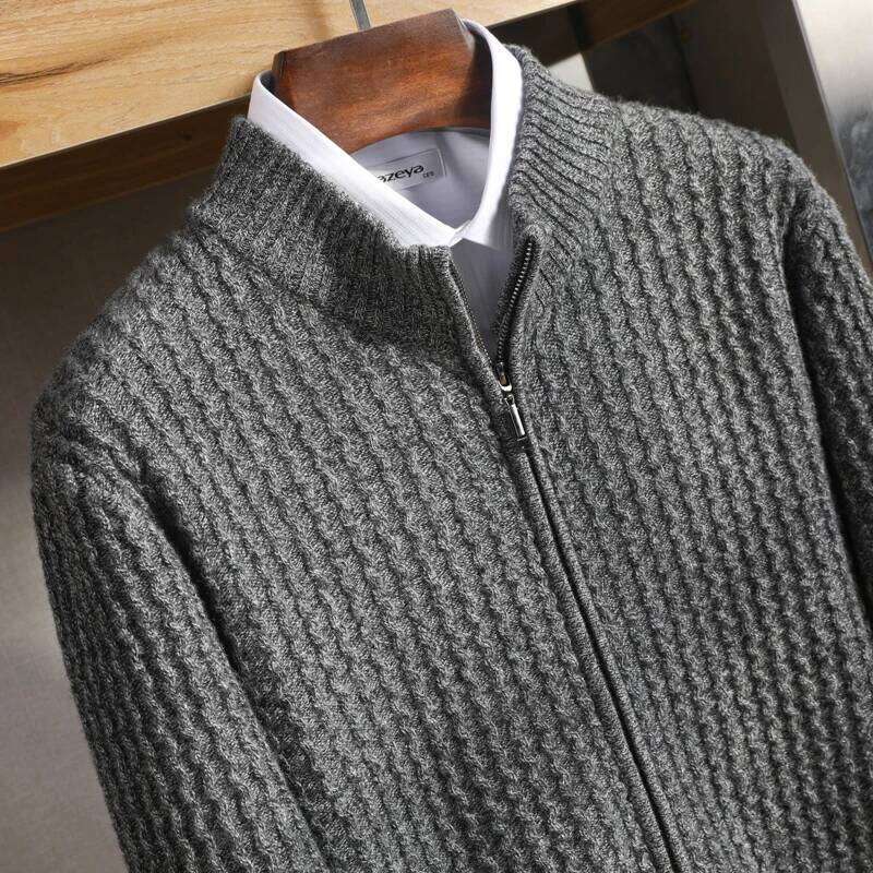 Men's Zipper Mock Collar Thickening Cardigan 100% Merino Wool Flower Yarn Sweater Cashmere Knitwear Autumn Winter Coat Tops MDNG