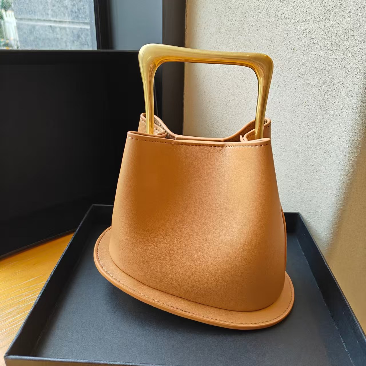 New Stylish High-end Bucket Tote Beige Color Plain Satin Cow Leather Women Handbag Metal Handle Female Crossbody Bag Small