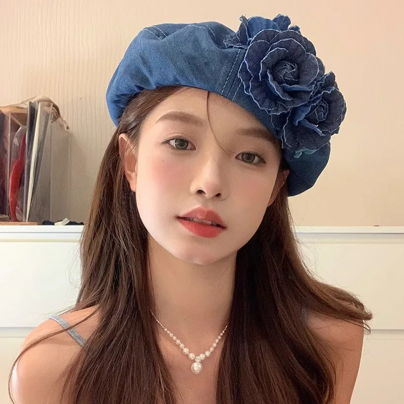 Ladies Denim Beret Hats Flower Cowboy Vintage Hat Women Retro Casual Painter Hat Female Trendy Spring Autumn Hat 250729