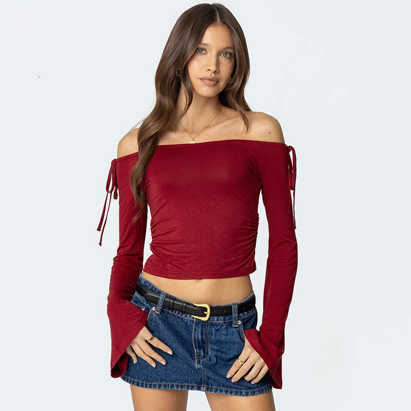 Qtp6 Women's Autumn Winter Off-Shoulder Bow Tie Ruched Short Cropped Top T-Shirt B5