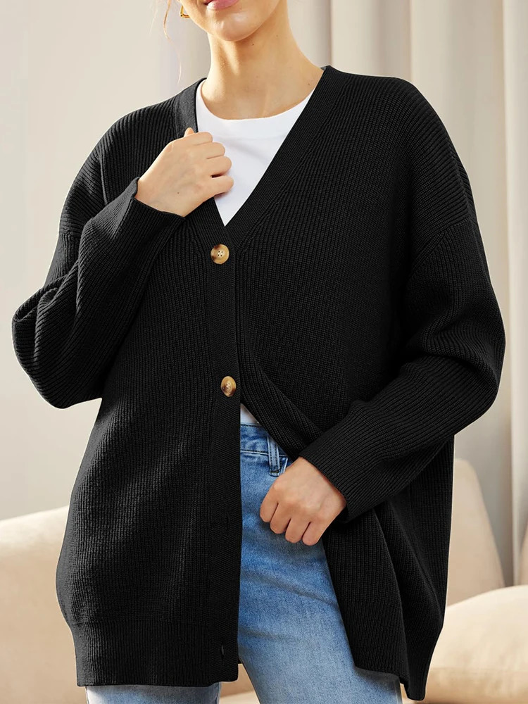 Womens VNeck Knitwear Cardigan Jumper Solid Color Simple Versatile Autumn Winter Style Button Detail Knitted Sweater 250730