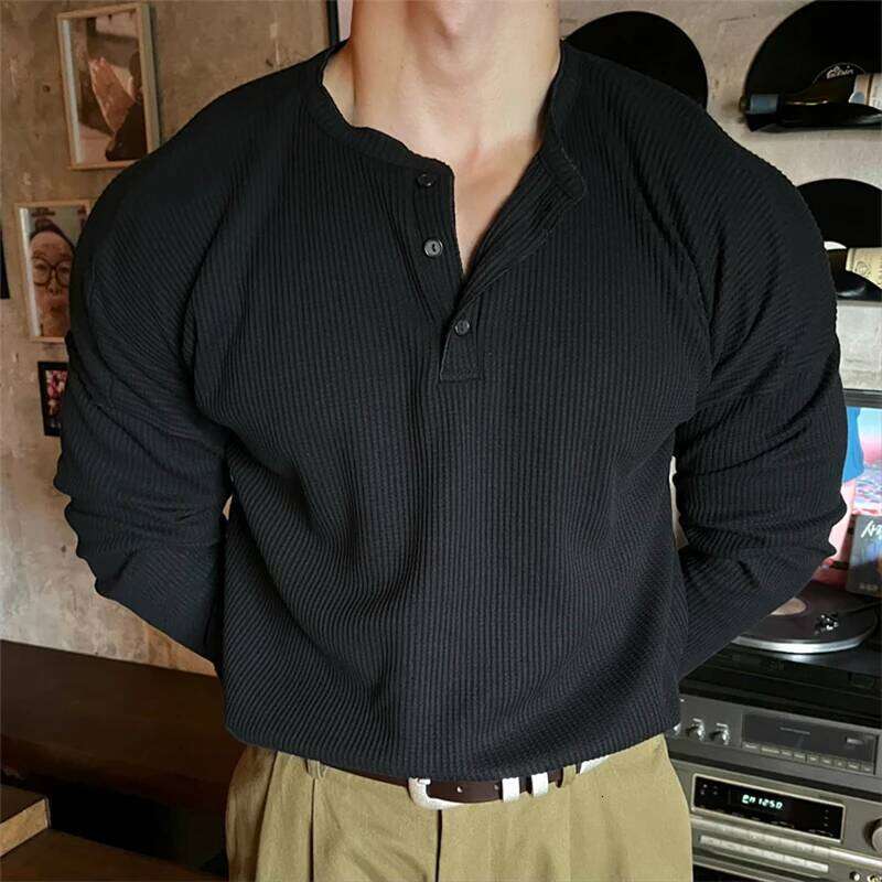 Loose Fit Long Sve Henry Collar T-irt Men's Autumn Winter plus Size 300 Pou Street Sle Slimming Base irt Top