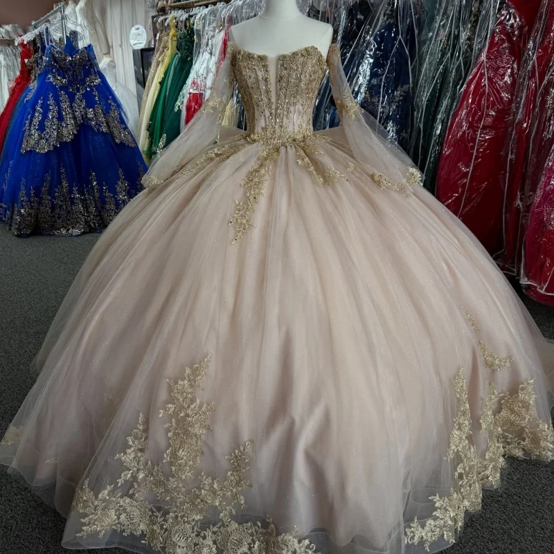 Light Pink Shiny Quinceanera Dresses Off The Shoulder Applique Lace Beads Bow Tulle Vestidos De 15 Anos Sweet 16 Dress