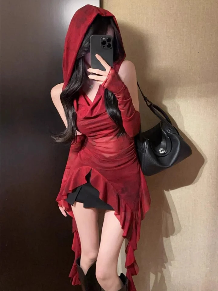 Red Mesh See Through Top Streetwear Hooded Tshirt Irregular Ruffle Oversleeve Tops for Women Sexy Y2k Clothing 250729