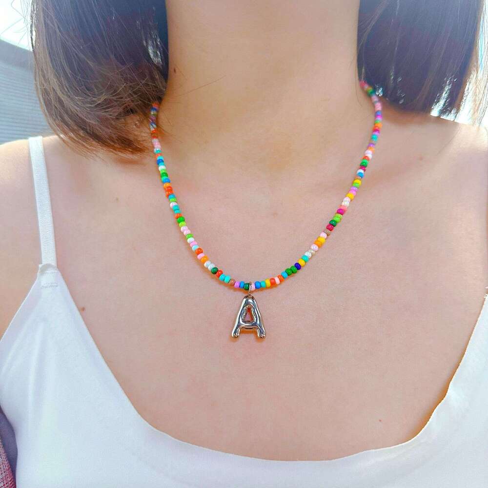 Vacuum Gold Plated Stainless Steel Colorful Rice Beads 26 Necklace Bubble Letter Pendant
