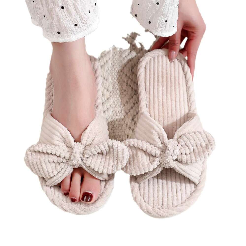Butterfly Knot Women's Autumn Winter Indoor Outdoor Thick Sole Warm Plush Maternity Shoes One Word Open Toe Cotton Slippers
