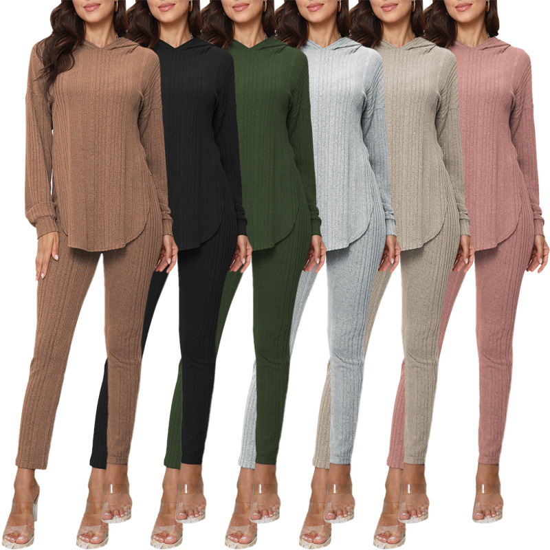 F1398 New Solid Color Ribbed Fleece Hooded Long Sleeve Fashion Slim Fit Set