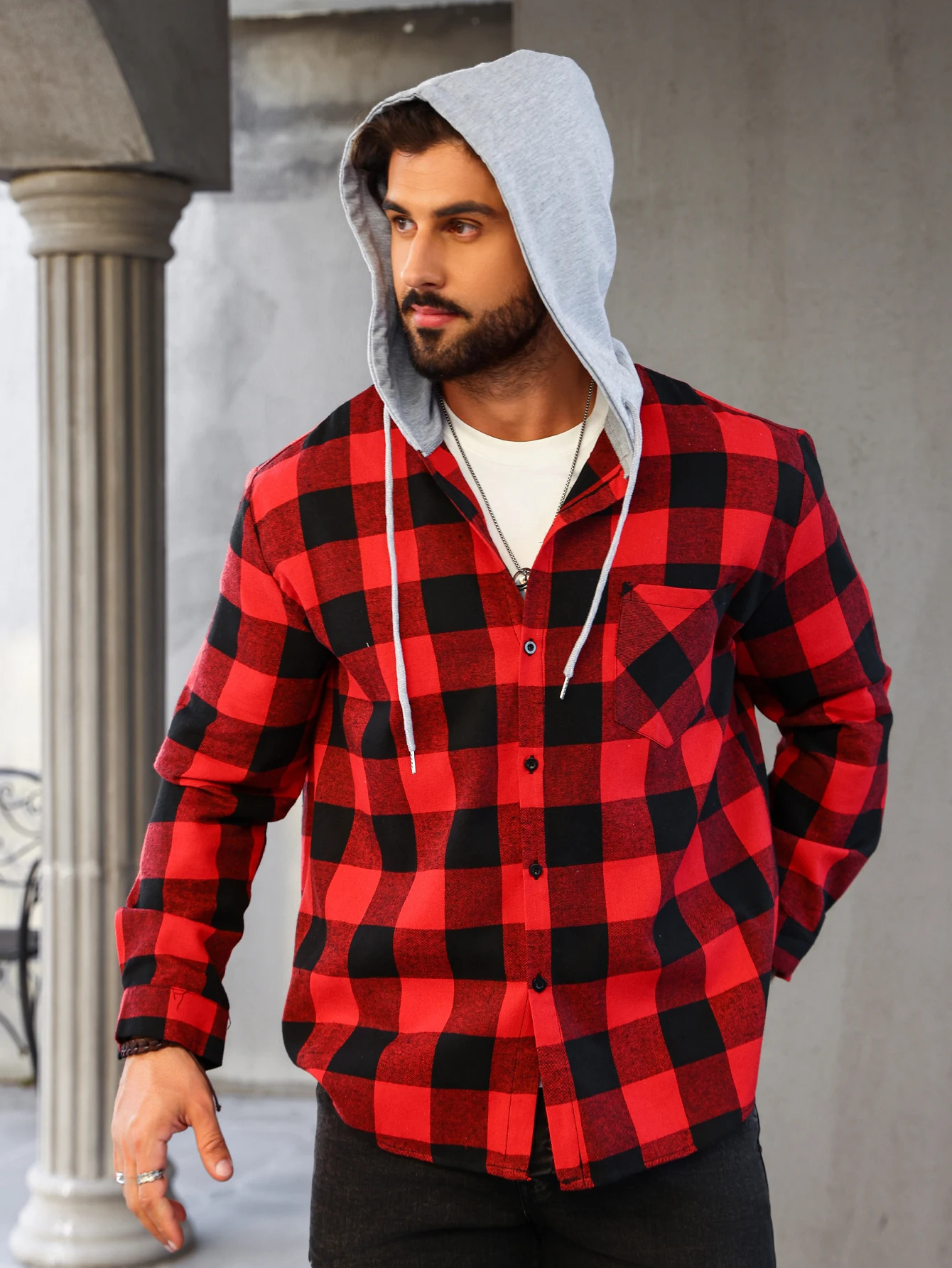 Mens Colorful Plaid Hooded Cardigan Color Block Sweatshirt with Pockets Top Jacket 250729