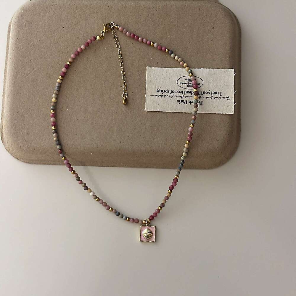 Pink Square Gold Shell Dopamine Colorful Natural Stone Beaded Necklace Elegant Versatile Fashionable Clavicle Chain 8e4