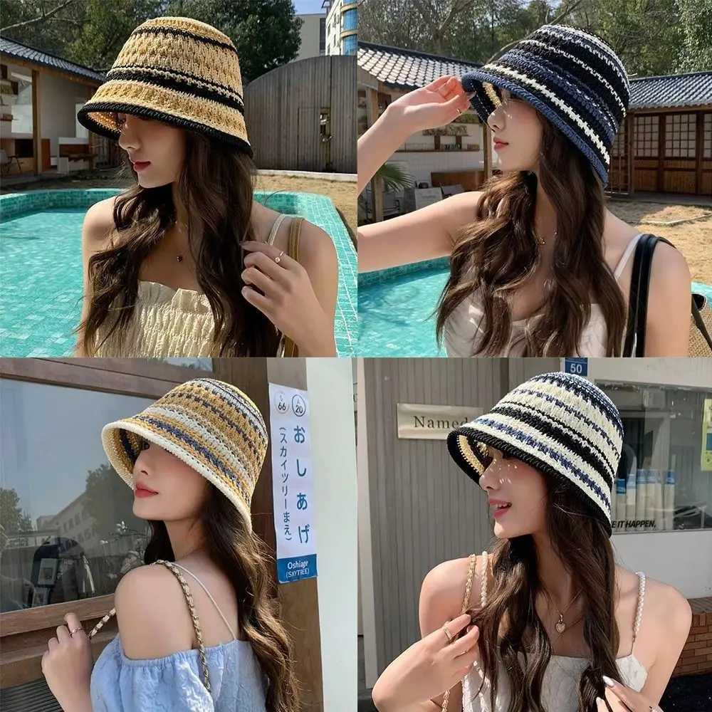 Striped Knitted Hollow Fisherman Hat UV Protection Big Eaves Str C Mticolor Breathable Sun Hat Summer Y250730