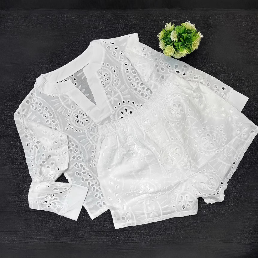 Women's Tracksuits 2025 Hollow Lace Shorts Two-piece Sets Women Outfits Spring Summer Long Sleeve Shirt & Set Office Casual White Suit