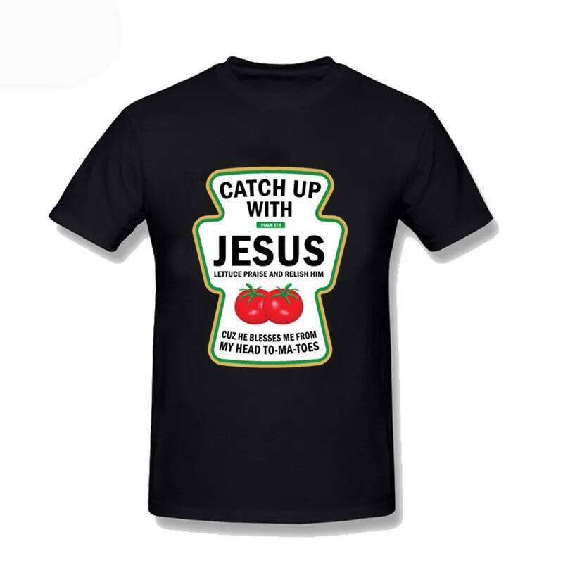 Men Christian Catch Up With Jesus Ketchup T-Shirt Family Student Tee Shirt Men's 100% Cotton Haruku Short Sleeve Tops