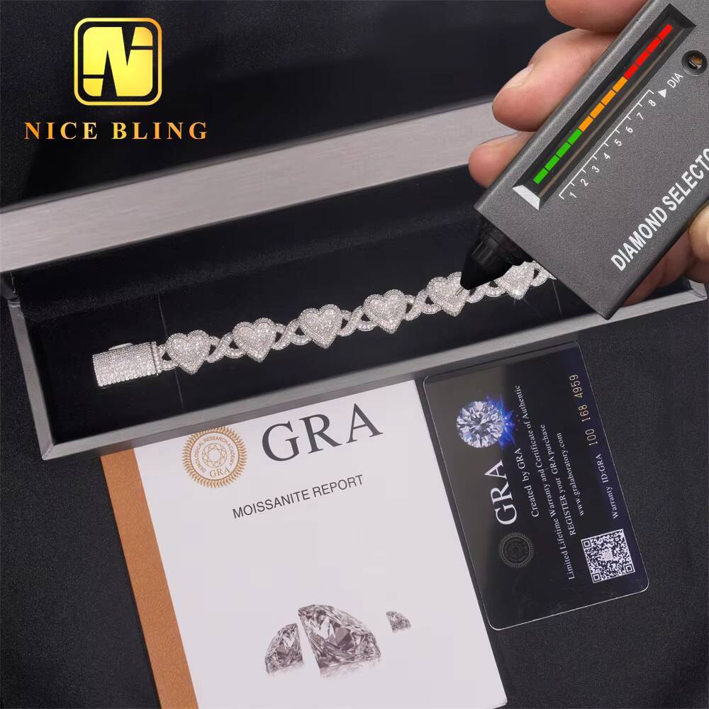 Fashion Men and Women Moissanite Cuban Link Bracelet 925 Silver Iced Out Heart Shape Hiphop Bracelet Best Gift