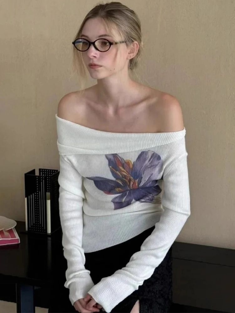Trendix Knit Print Pullover for Women Summer Long Sleeve Asymmetric Top Ladies Party Sexy Off Shoulder Knitwear Flower Tops 250723