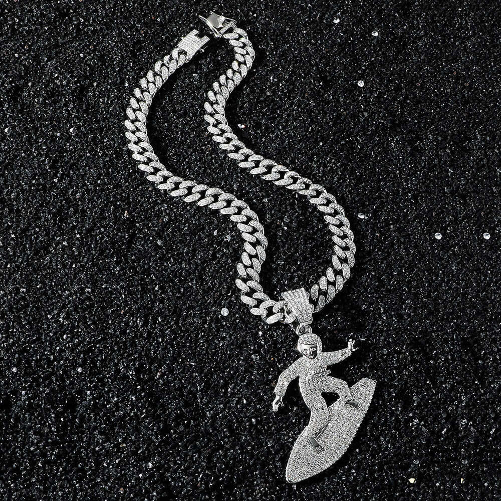Full Child Ski Hip Hop Trendy Fashion Square Dia Alloy Cuban Chain Necklace Pendant