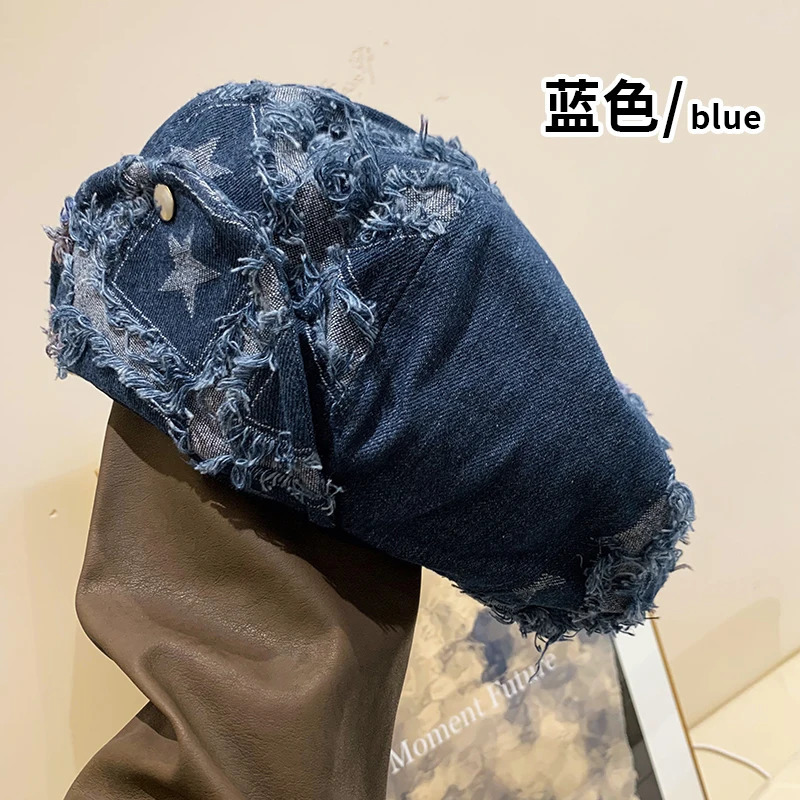 Y2k Rough Edge Star n Denim Berets Caps Showing Face Small Spring and Autumn Ins Korean Niche Retro Womens Hats 250729