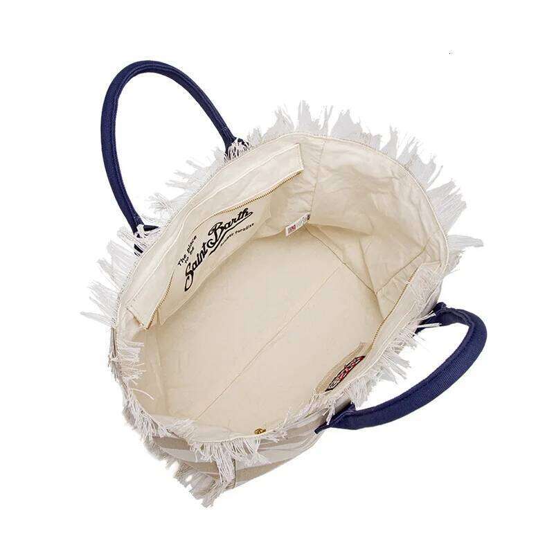 Saint Barth Large Capacity 2025 Handbag European and American Beach Street Horizontal Striped Apricot Canvas Tote Bag for Women