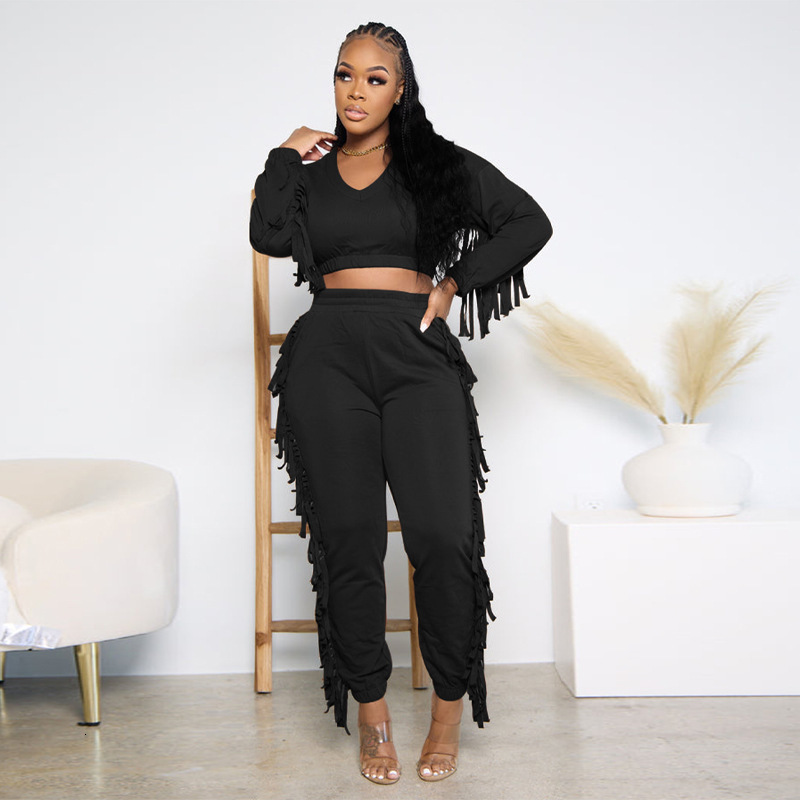 F1360-2 New Womens Solid Color Black Tassel Short Fashion Casual Set