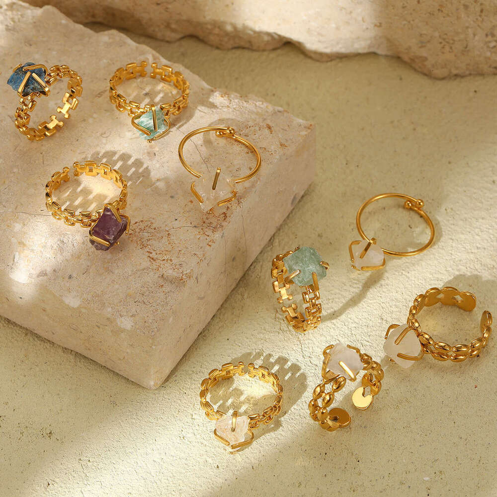 Hot Selling Adjustable Open Titanium Ring for Women with Natural Stone Circle Fence Stainless Steel Jewelry