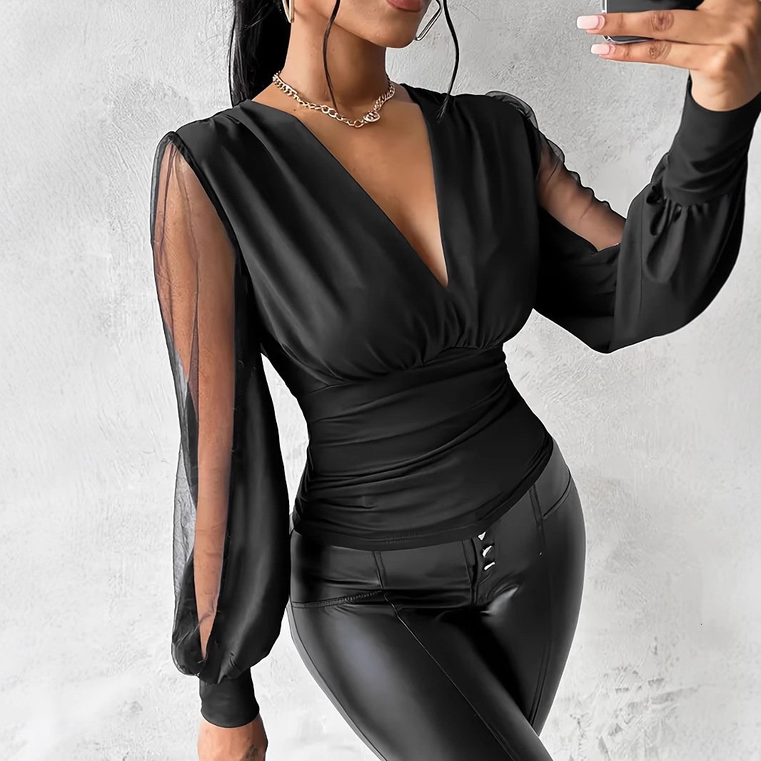 F2063 Summer Womens V-neck Solid Color Elegant Mesh Patchwork Waist-cinching Top