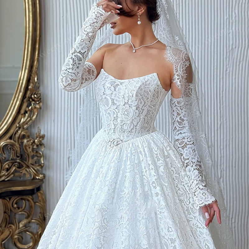 Graceful Wedding Dresses Voluminous Flowers A-Line Ball Gown Full Sleeve Strapless Bridal Gowns Customized Lace Up Robe De Mariee
