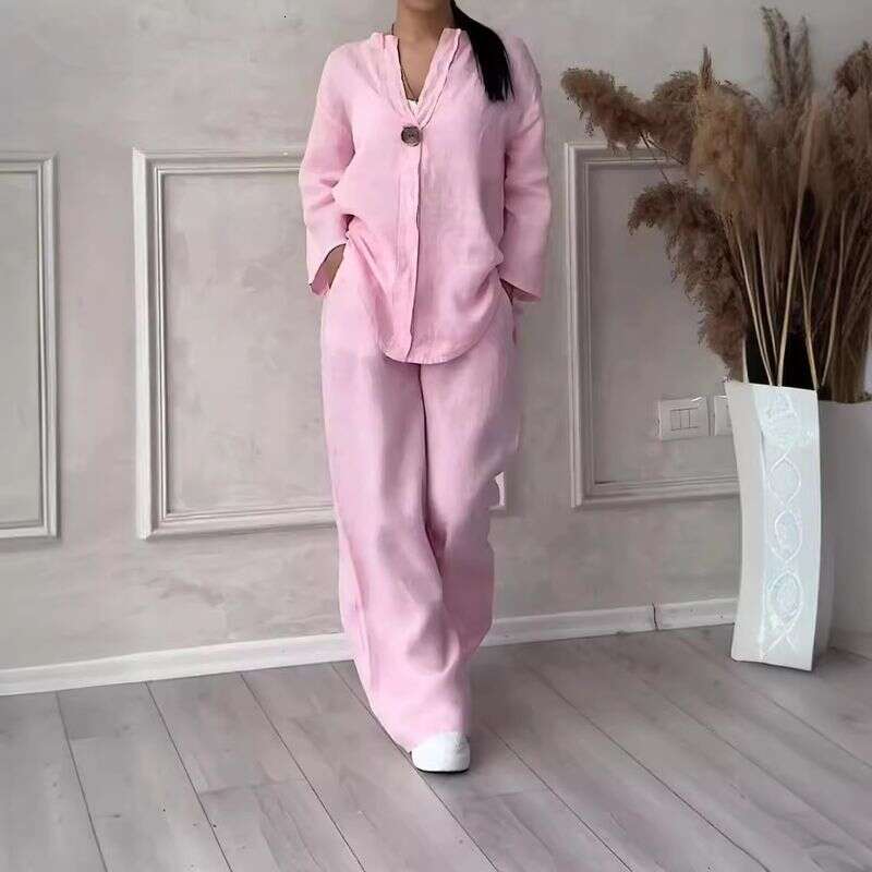 Women's Clothing 2 Piece Large Size Cotton And Linen Shirt Set High Waist Loose Trousers