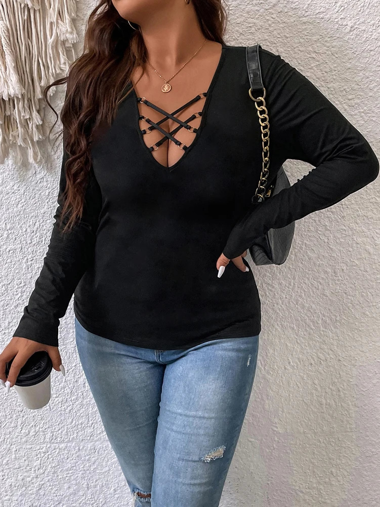 Plus Size Womens Cross Front Loop Detail TShirt Deep V Neck Onepiece Shirt Top Polyester Solid Colors 250729